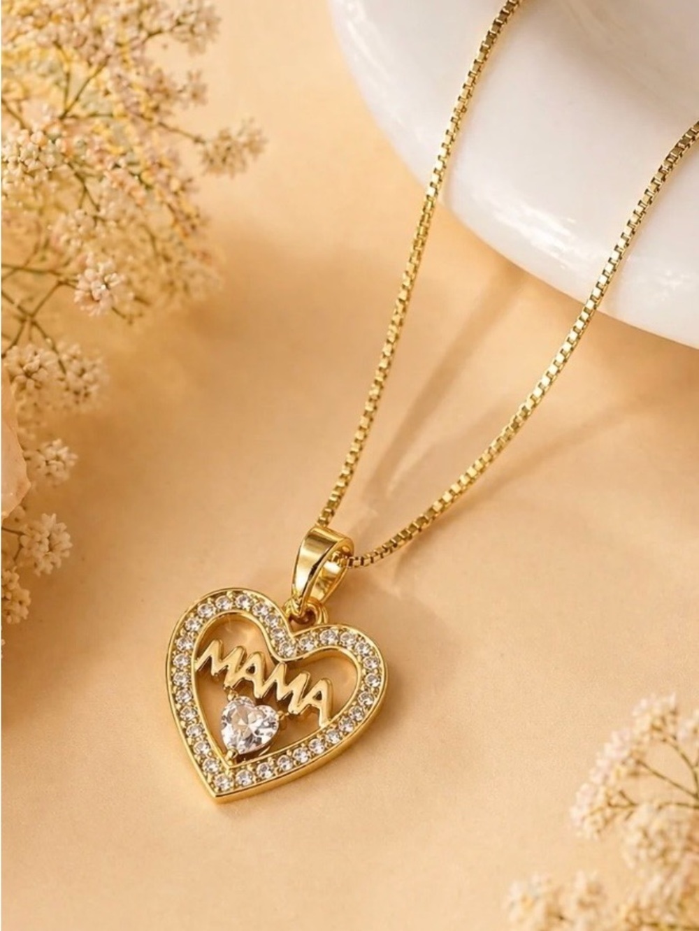 Adina Eden 14k Gold Plated 'MAMA' Heart Pendant Necklace with CZ Halo 16-18”